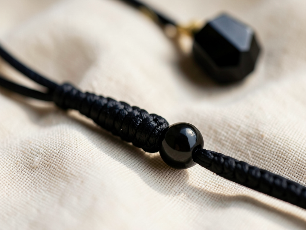 Detail der handgeknüpften Kordel und der kleinen Obsidian-Perle