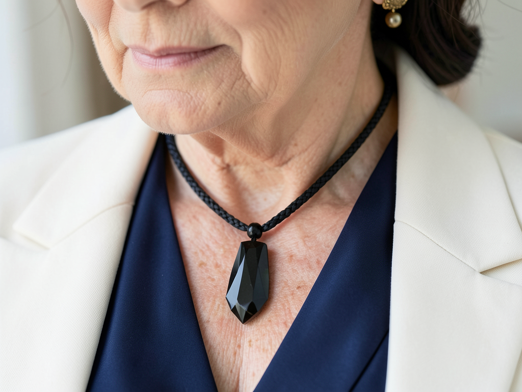 Apachenträne-Anhänger elegant am Dekolleté getragen
