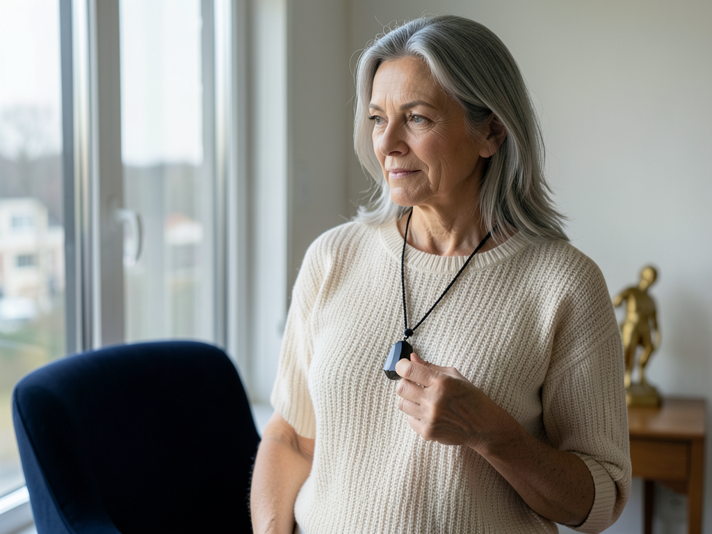 Frau hält den Obsidian-Anhänger in einem stillen Moment am Fenster