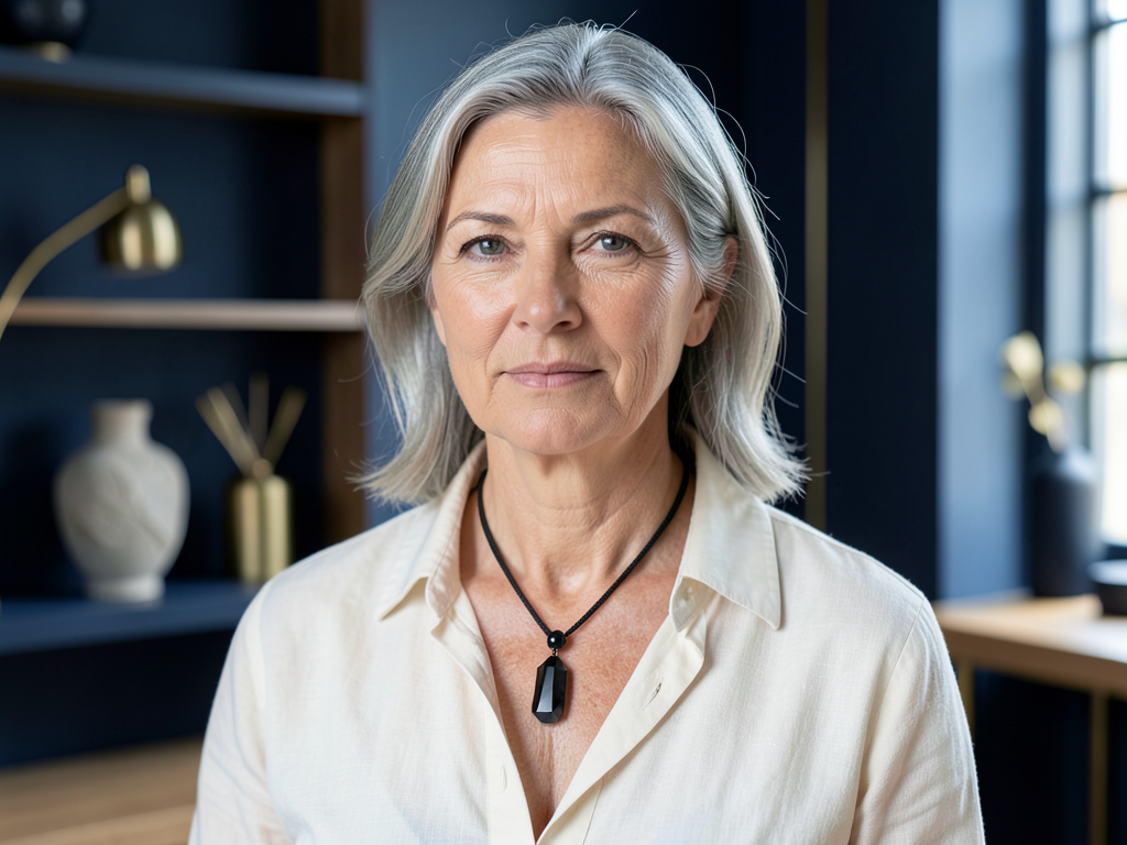 Reife Frau trägt den Apachenträne-Obsidian-Anhänger auf hellem Leinen
