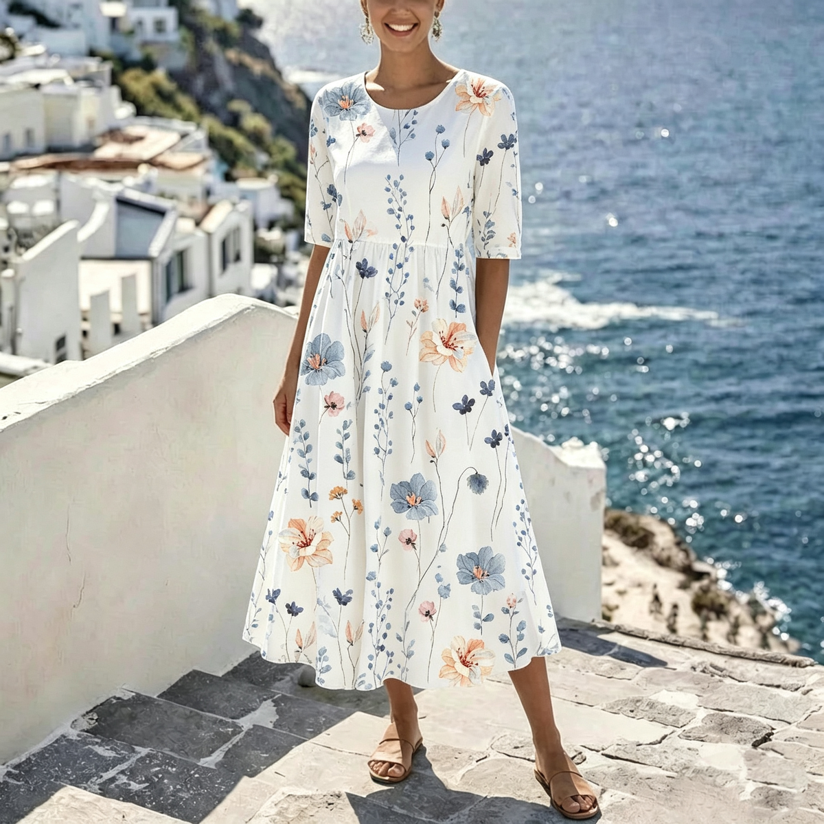 Weißes, florales Aquarell-Midi-Kleid