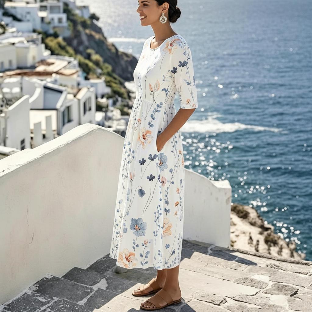 Weißes, florales Aquarell-Midi-Kleid