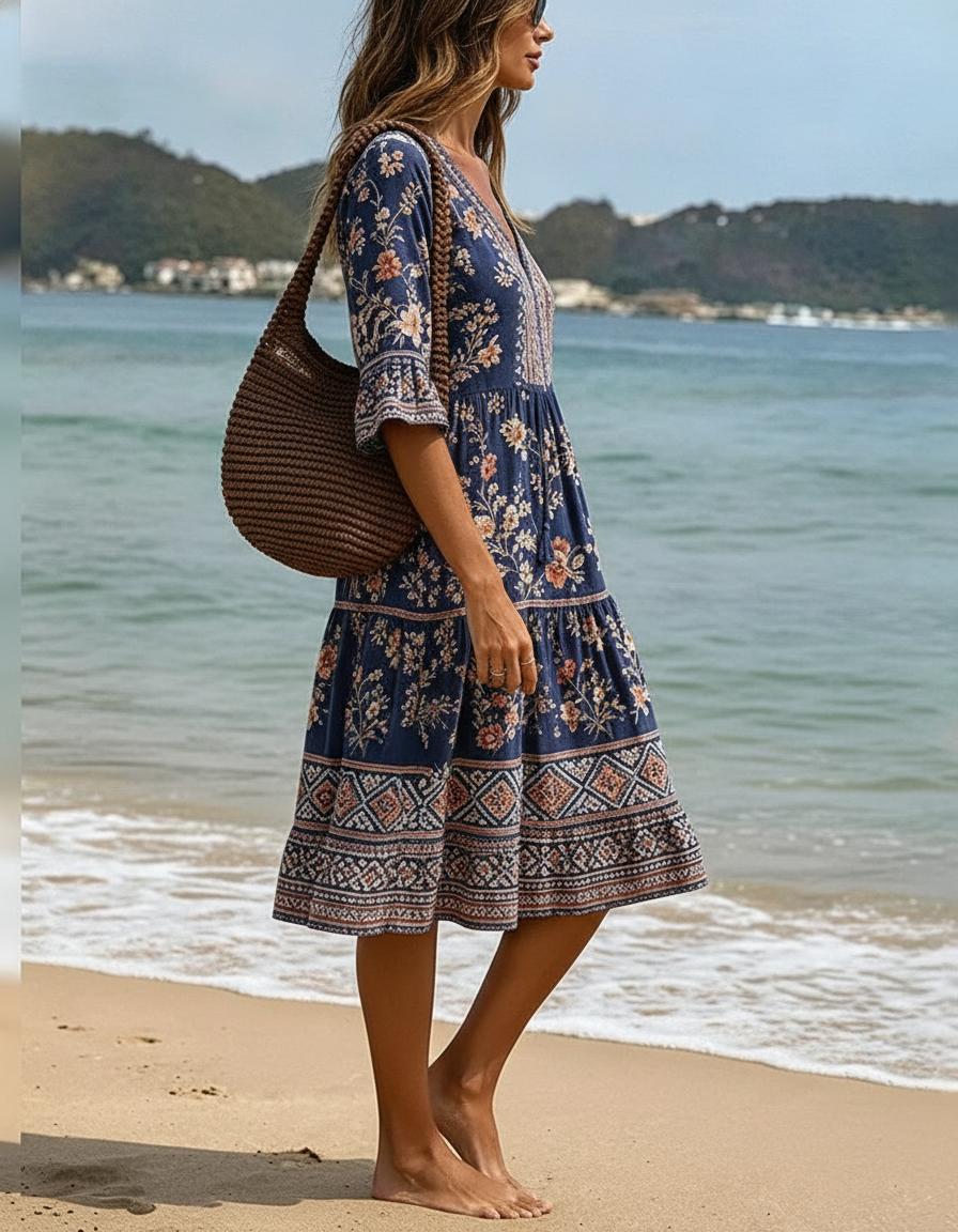 Navy Boho Blumen Tassel V-Ausschnitt Rüschenmanschette Midikleid