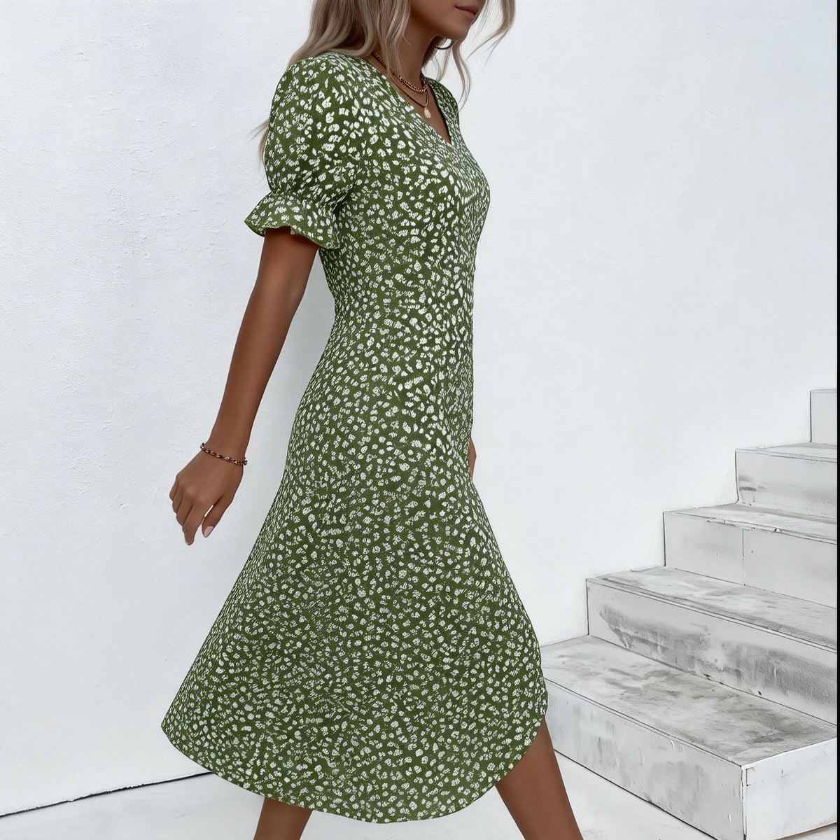 Kurzarm-Kleid im grünen Blumendruck mit Knopfleiste, midi