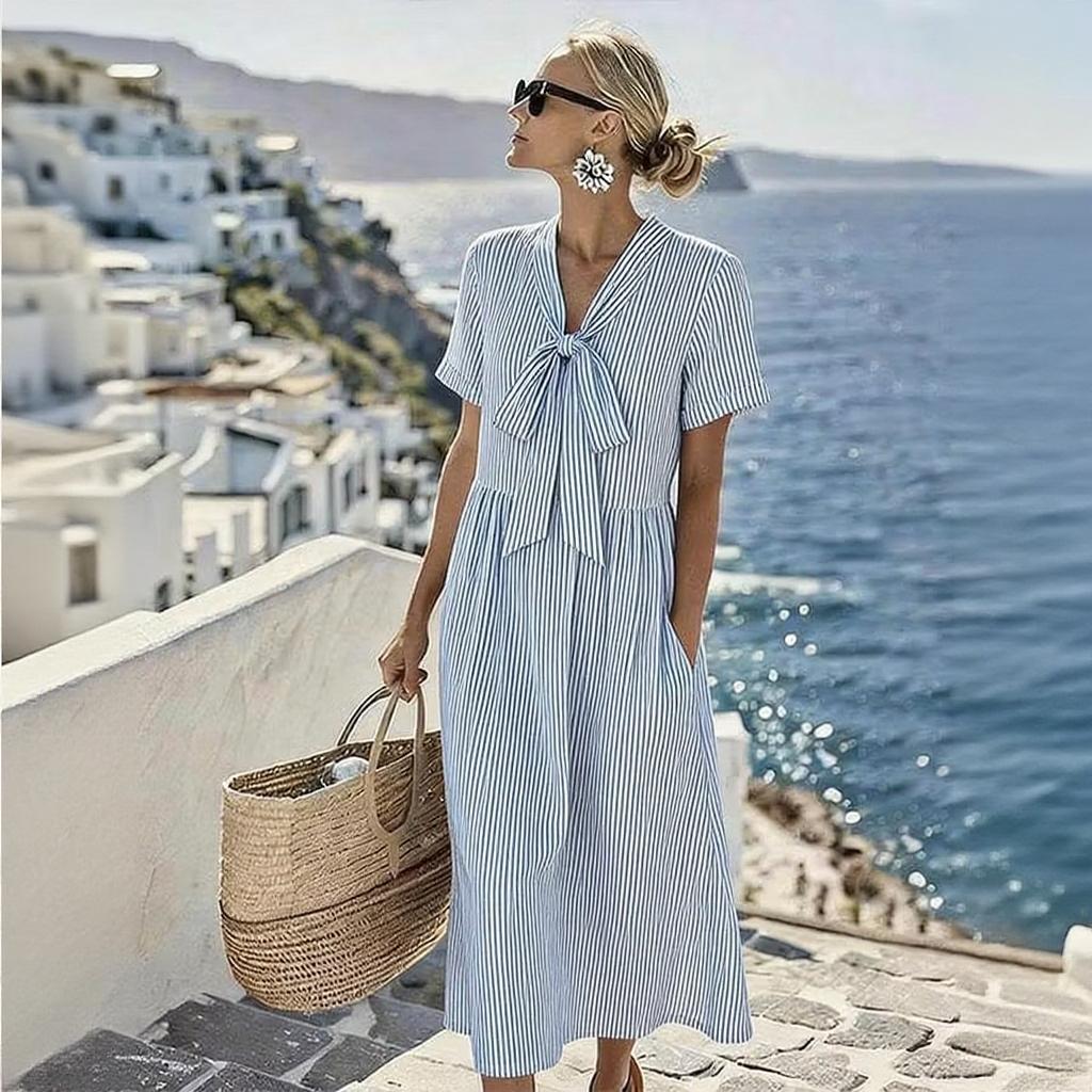 Blaues-weiß gestreiftes Bow-Neck-Kleid mit Taschen, Midi-Länge