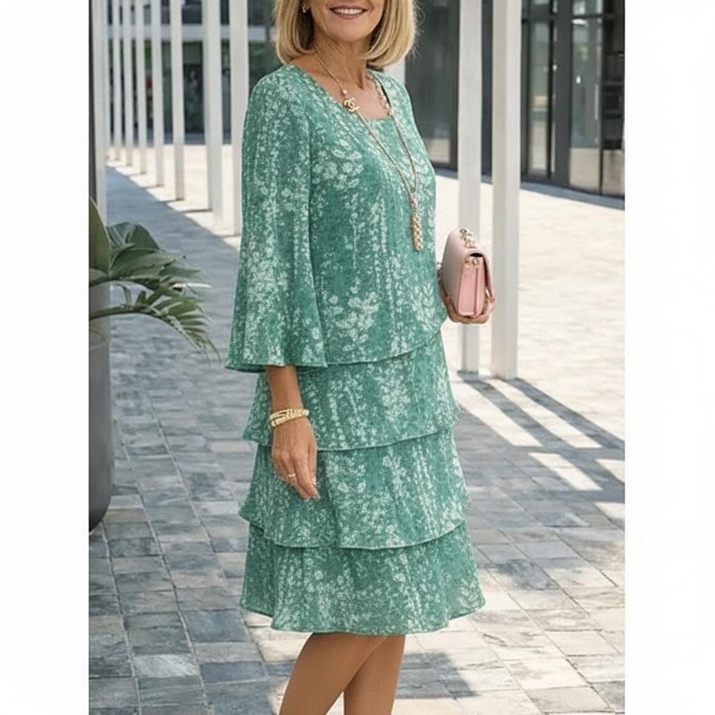 Grünes Blumendruck-Etagenkleid mit Glockenärmeln