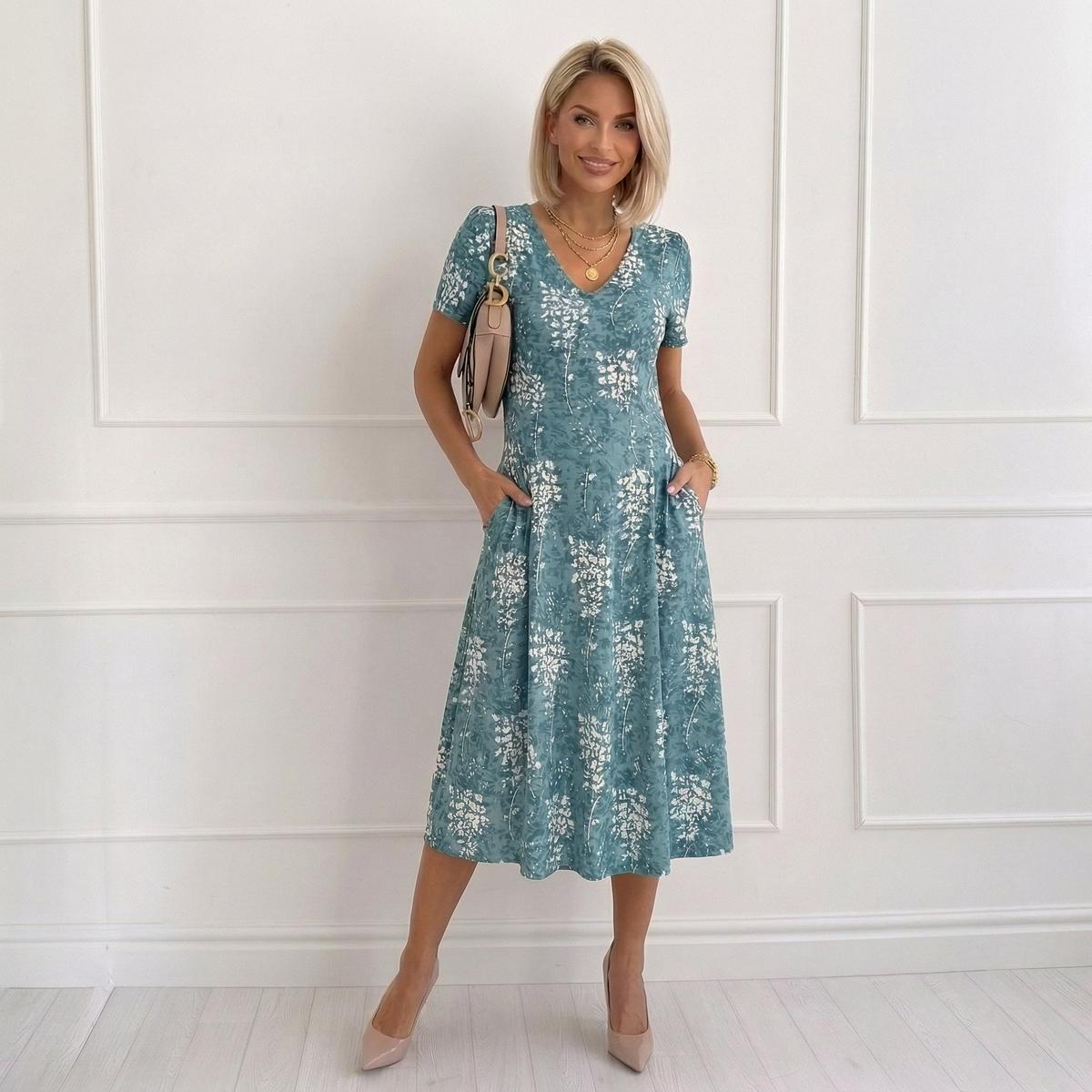 Türkis-weiß geblümtes V-Ausschnitt-Midikleid