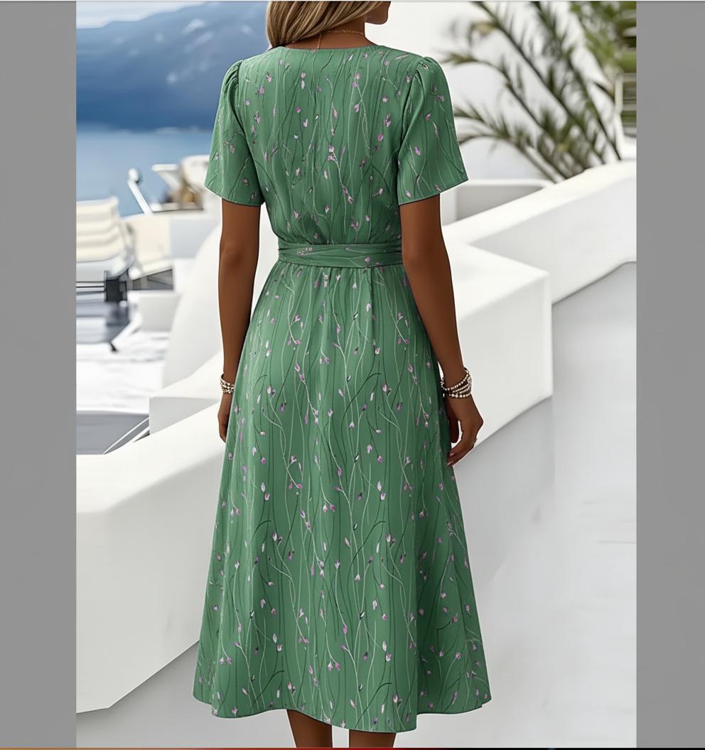 Grünes Blumendruck-V-Ausschnitt-Midikleid