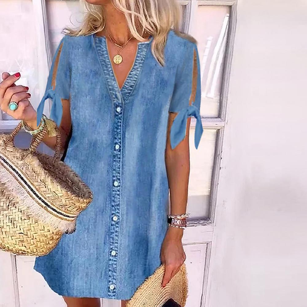 Chambray V-Ausschnitt Knopfleiste vorne Schlitzärmel Minikleid