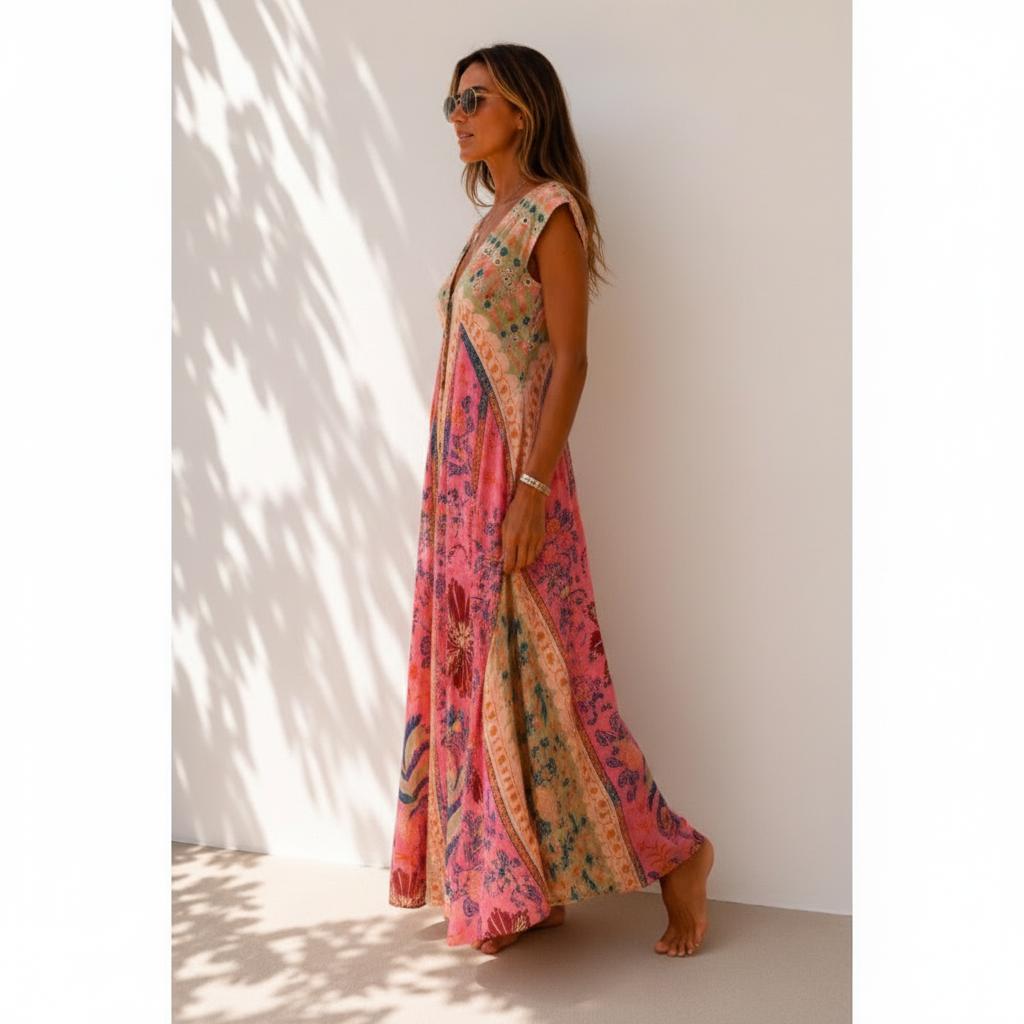 Pinkes florales Paisley-Muster ärmelloses Maxikleid