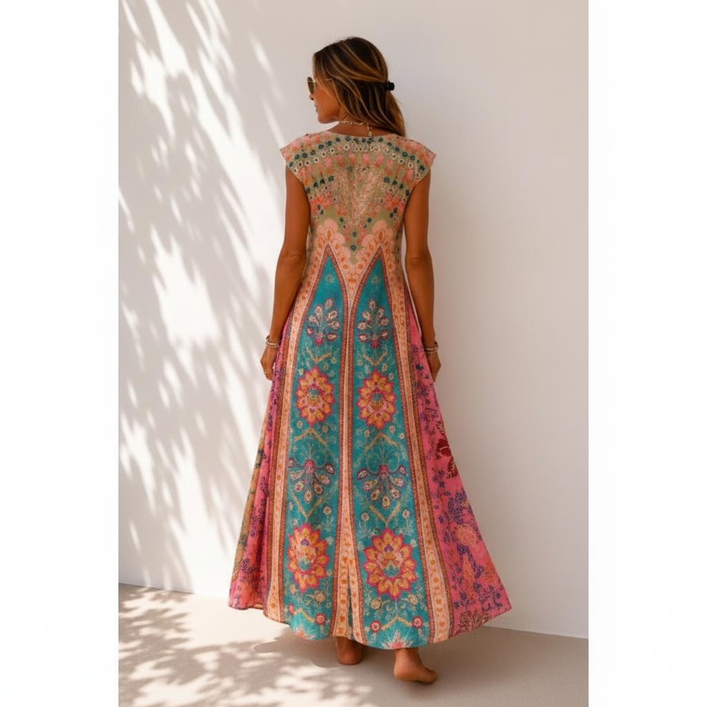 Pinkes florales Paisley-Muster ärmelloses Maxikleid