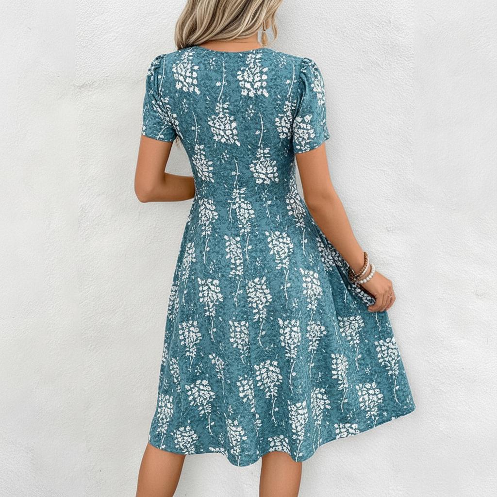 Türkis-weiß geblümtes V-Ausschnitt-Midikleid