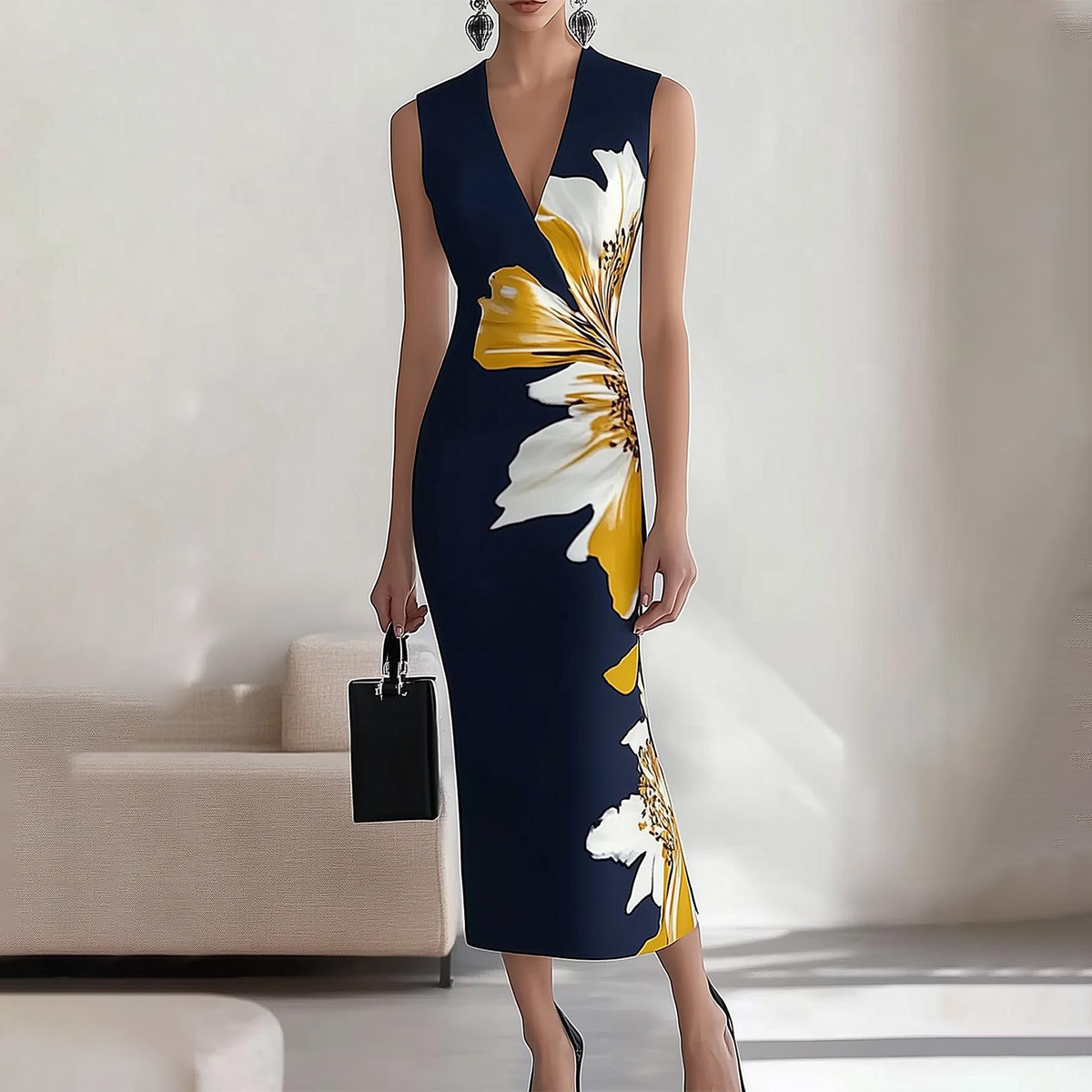 Eleganter Blumenprint-ärmelloses Maxikleid