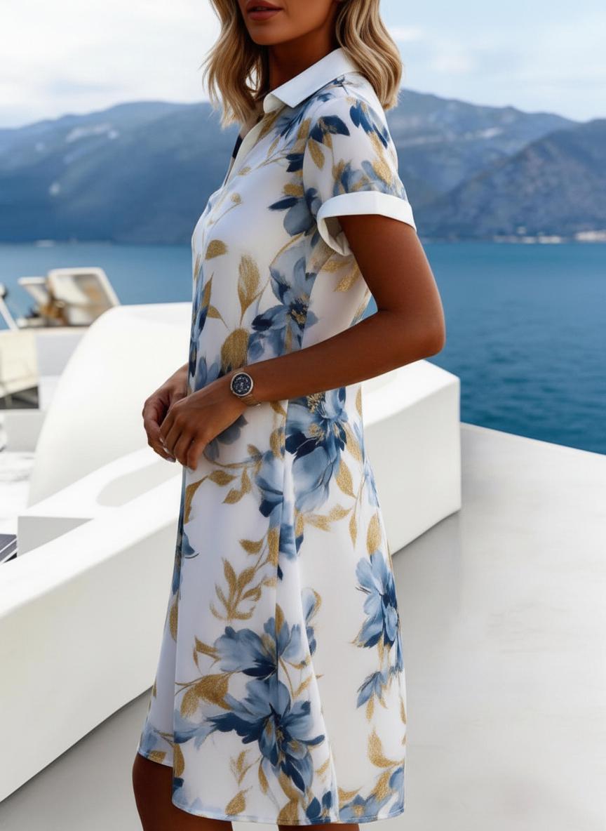 Weißes kurzärmeliges Blusenkleid mit Blumenmuster