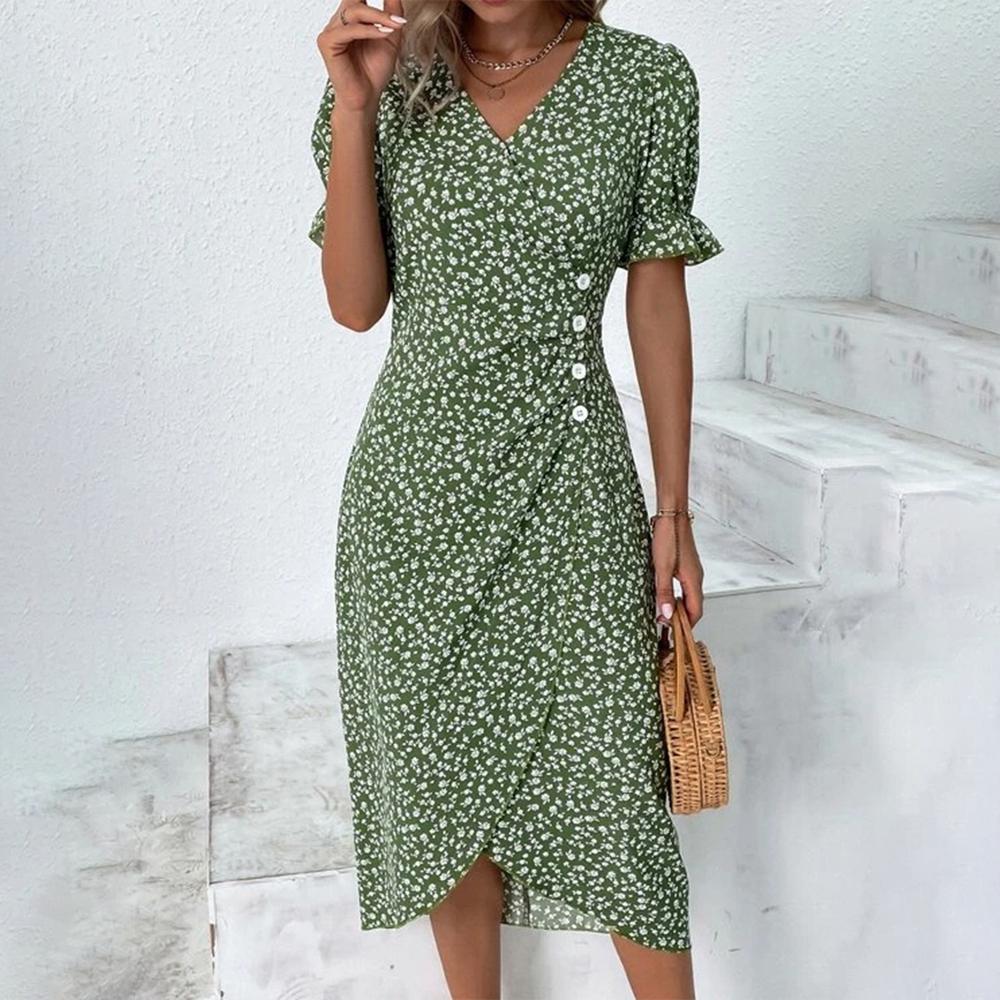Kurzarm-Kleid im grünen Blumendruck mit Knopfleiste, midi