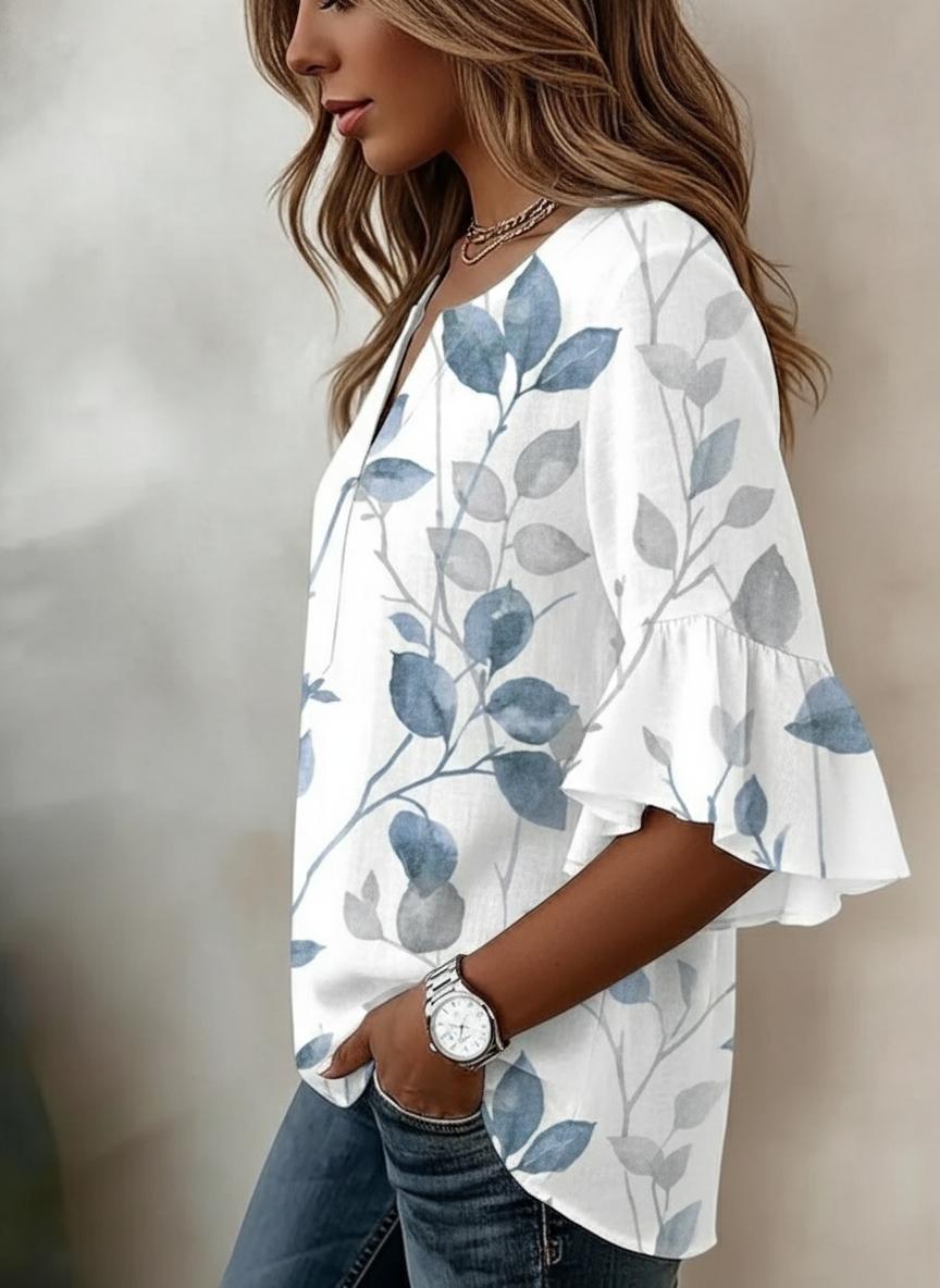 Blaue Aquarell-Blatt-Rüschen-3/4-Arm-V-Ausschnitt-Bluse