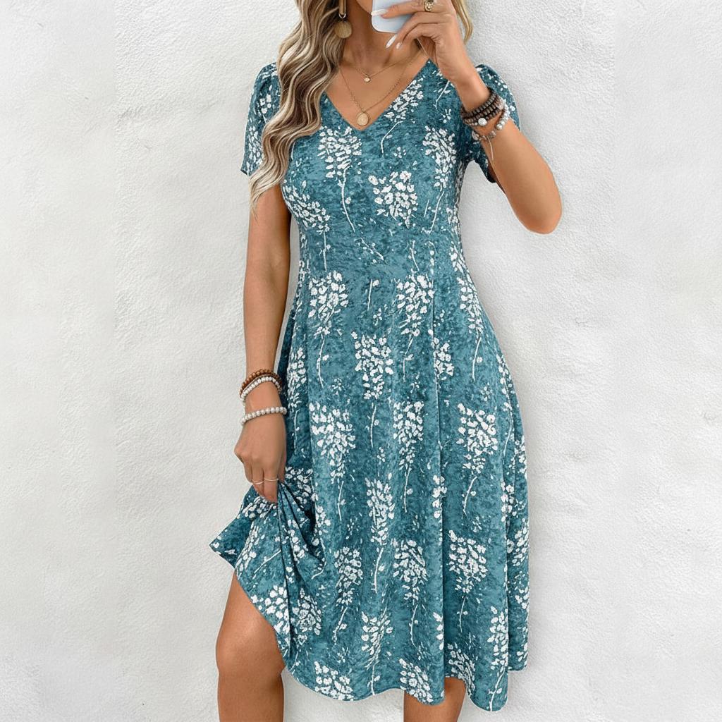 Türkis-weiß geblümtes V-Ausschnitt-Midikleid