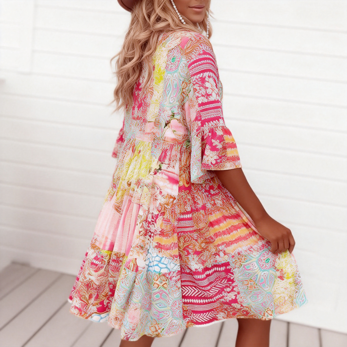 Süßes pinkfarbenes 3/4-langärmeliges Minikleid