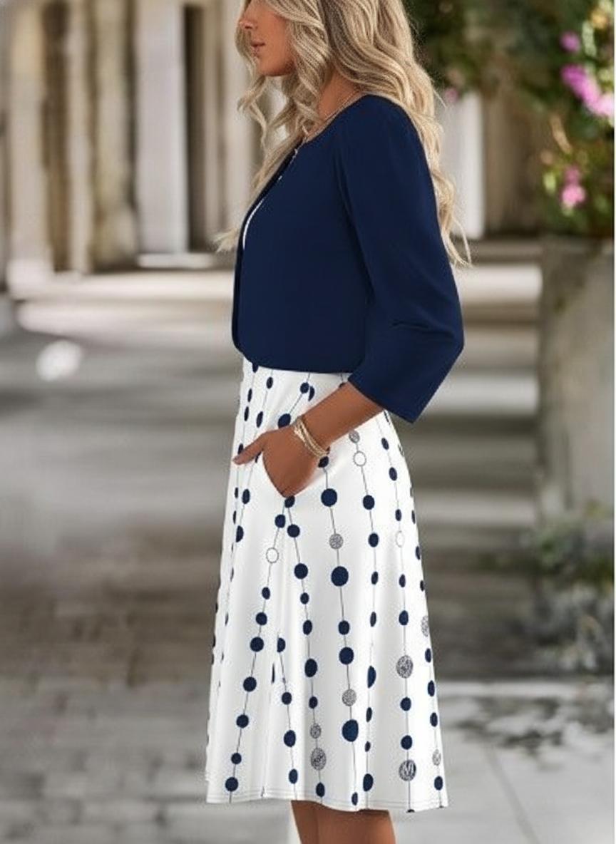Weißes Marine-Punktkleid mit 3/4-Ärmel-Cardigan