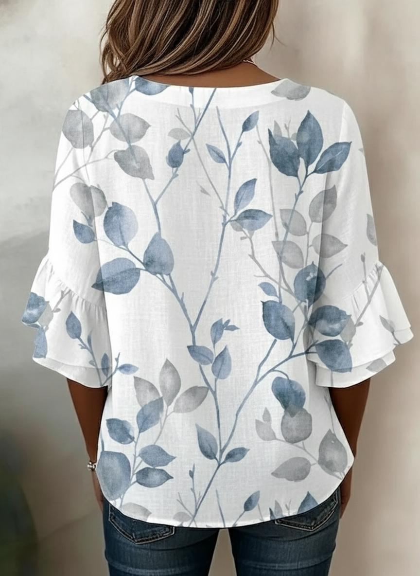 Blaue Aquarell-Blatt-Rüschen-3/4-Arm-V-Ausschnitt-Bluse