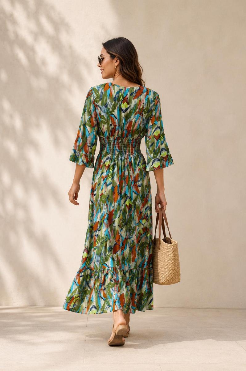 Abstraktes Blumendesign, geraffte Taille, Rüschenärmel, Midikleid