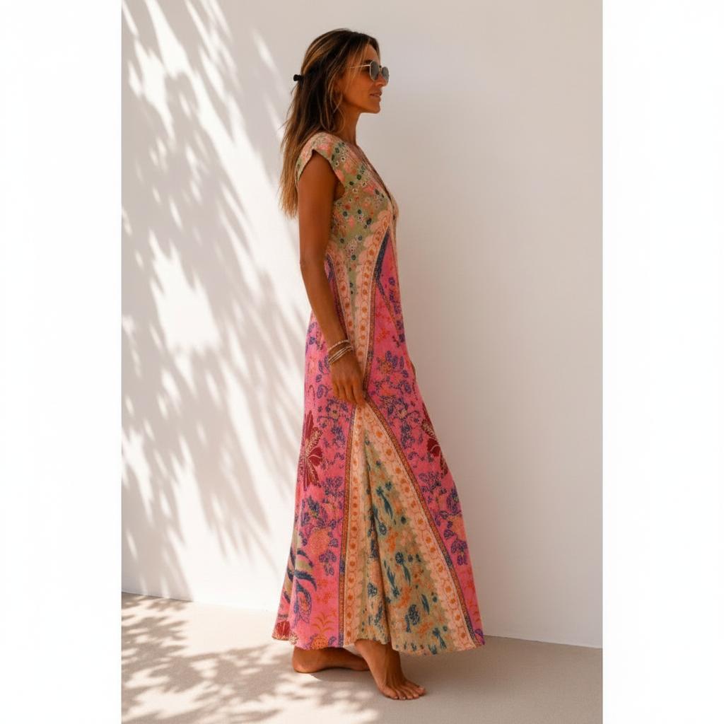 Pinkes florales Paisley-Muster ärmelloses Maxikleid