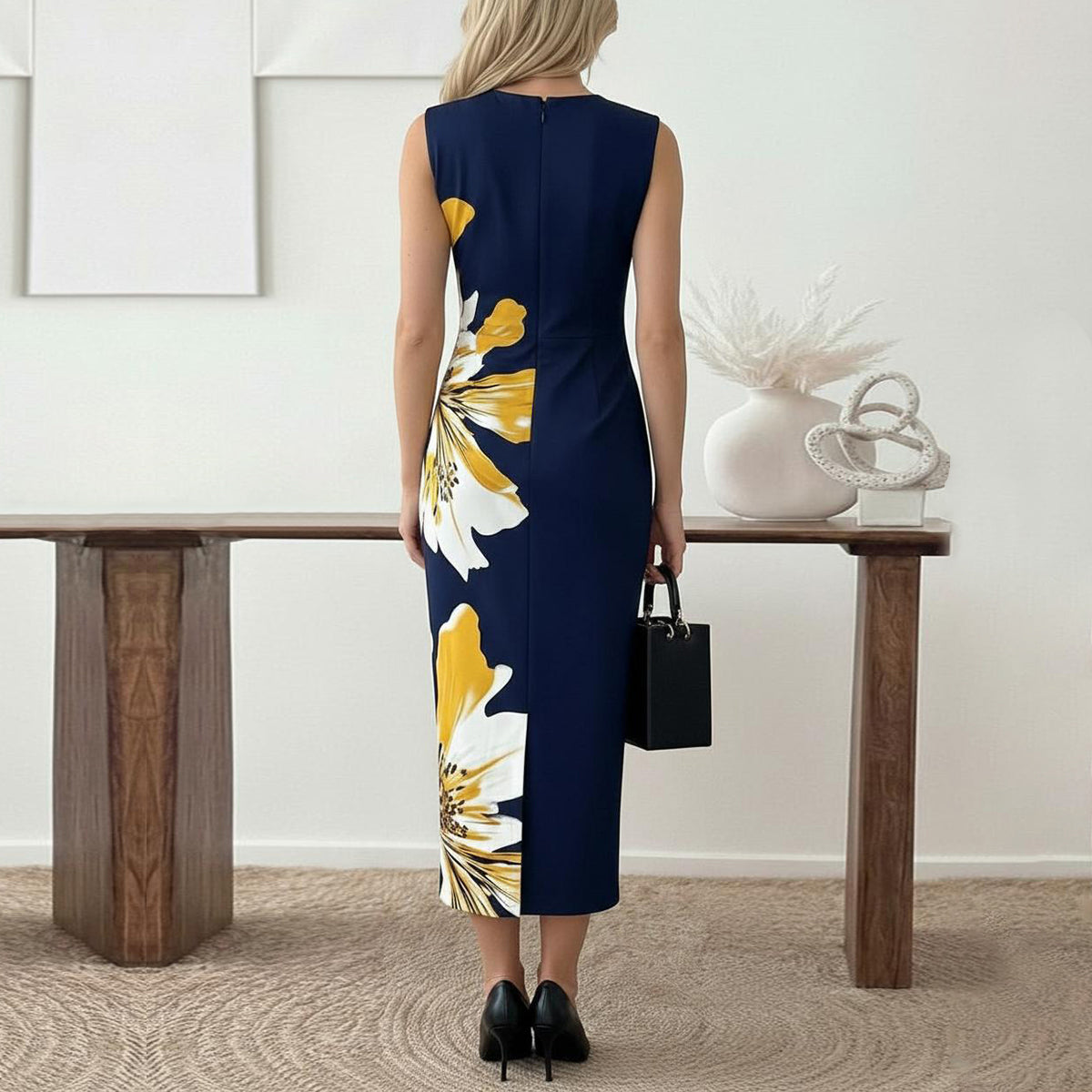 Eleganter Blumenprint-ärmelloses Maxikleid