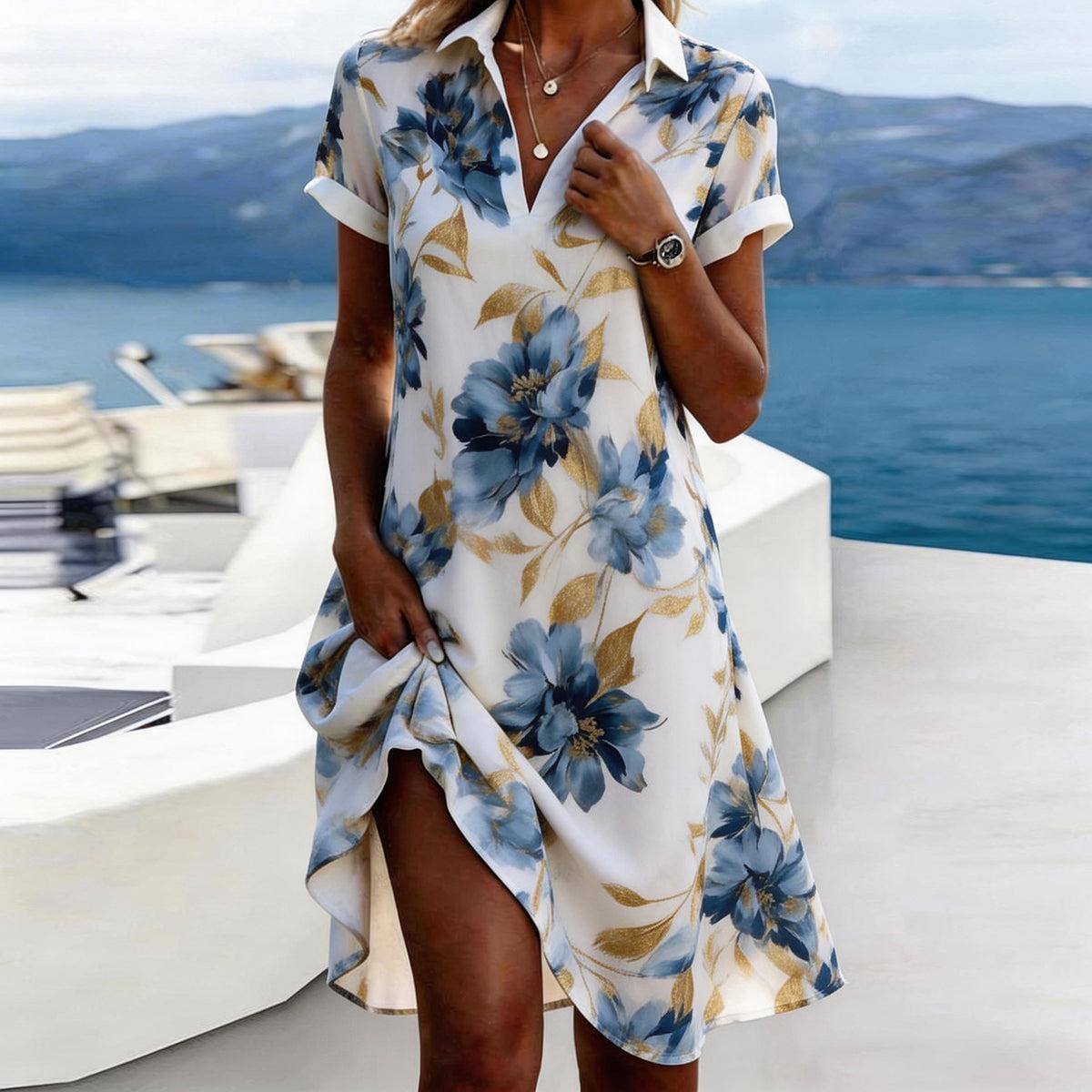 Weißes kurzärmeliges Blusenkleid mit Blumenmuster
