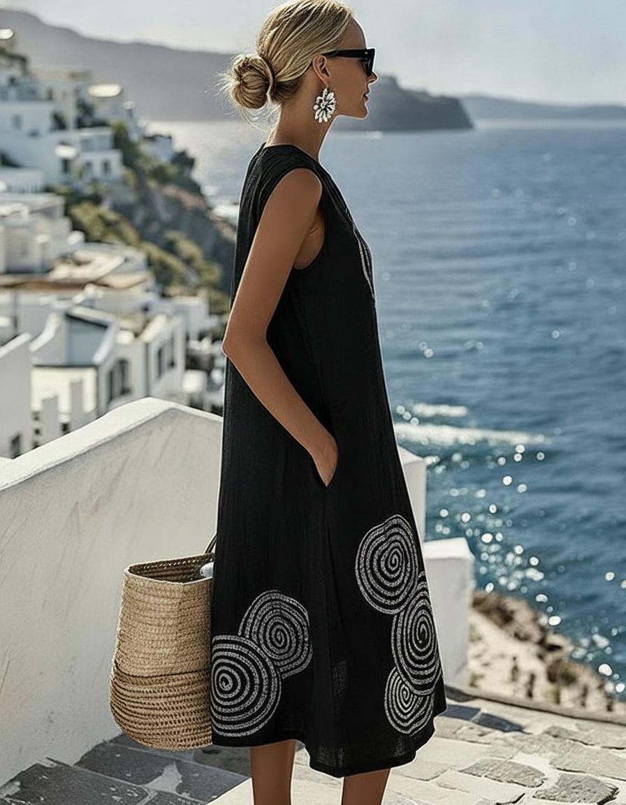 Schwarz-weißes Spiralprint ärmelloses Pocket-Midikleid