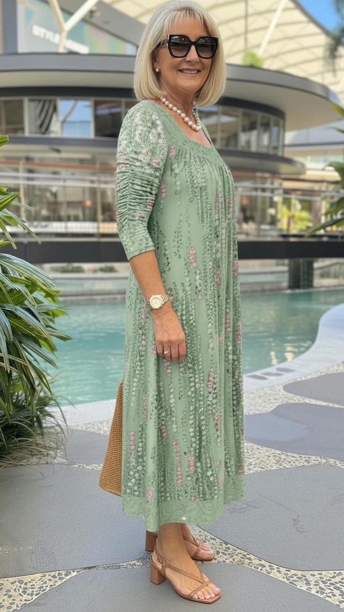 Frisches grünes Quadrat-Ausschnitt-Midikleid
