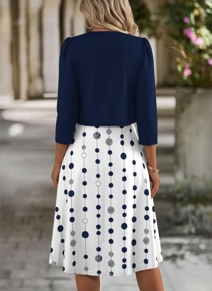 Weißes Marine-Punktkleid mit 3/4-Ärmel-Cardigan