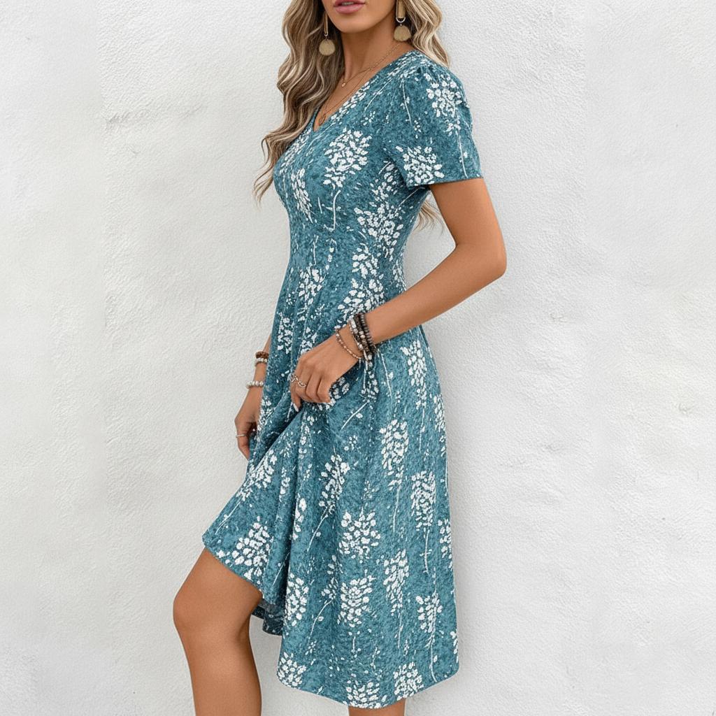 Türkis-weiß geblümtes V-Ausschnitt-Midikleid