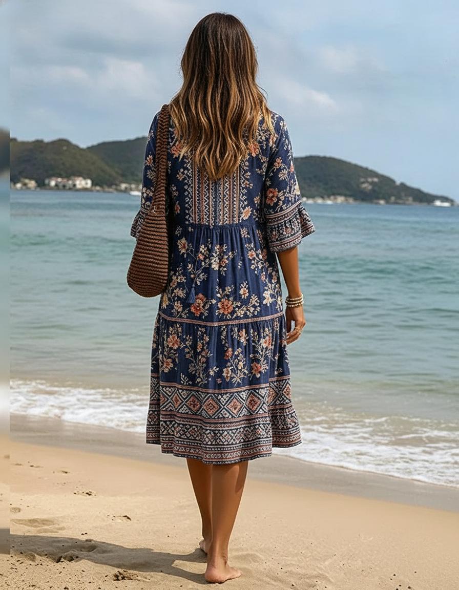 Navy Boho Blumen Tassel V-Ausschnitt Rüschenmanschette Midikleid