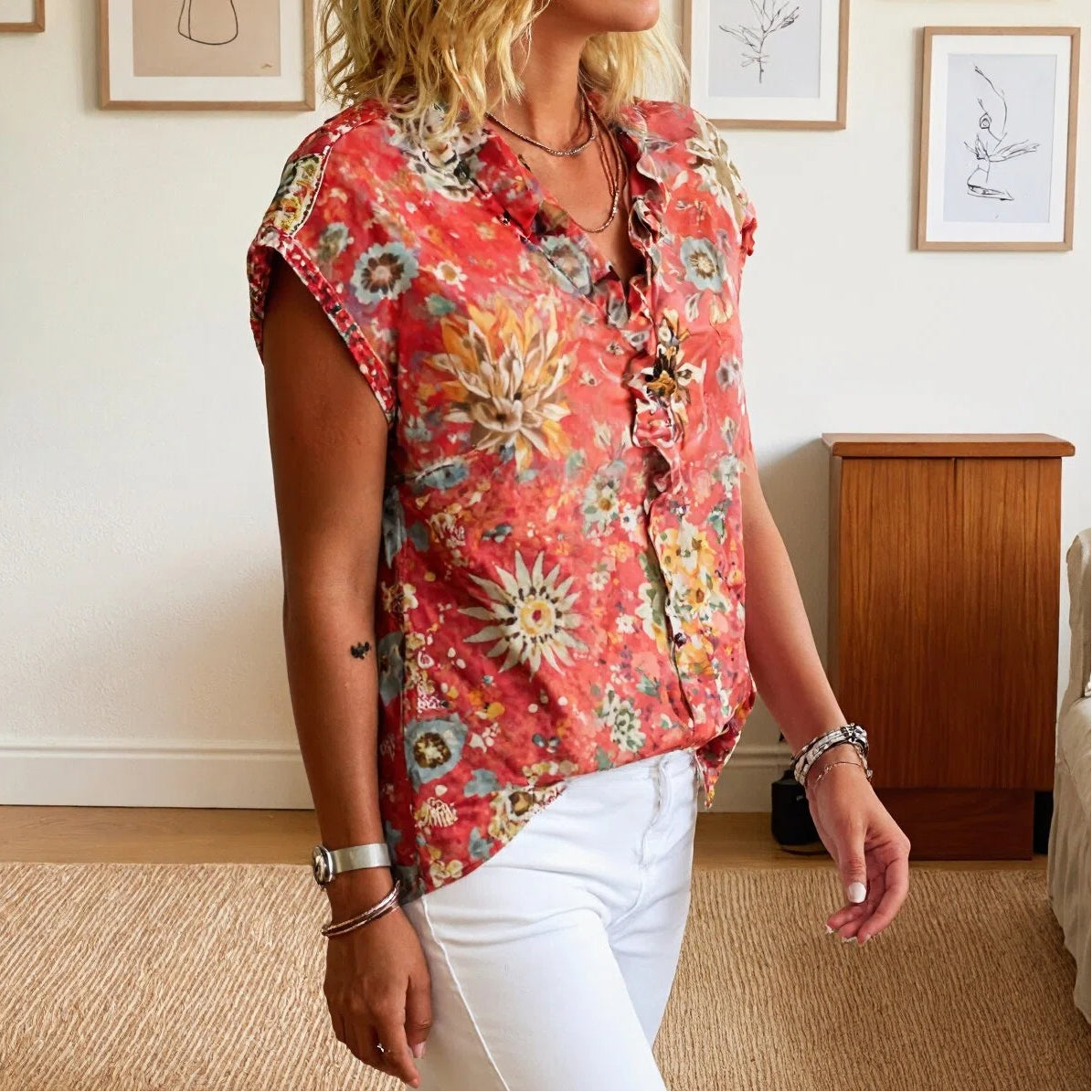 Rotes Boho-Print Rüschenoberteil