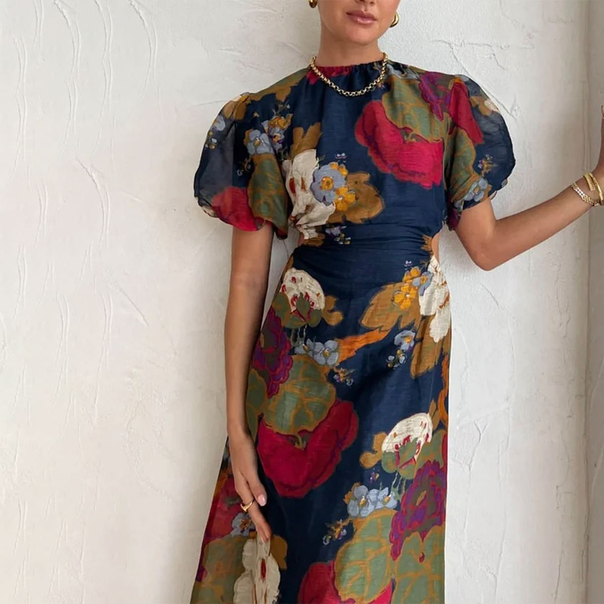 Marineblau Rundhals Kurzarm Maxikleid