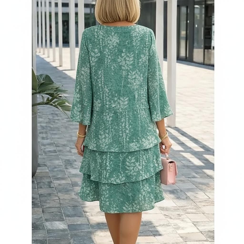Grünes Blumendruck-Etagenkleid mit Glockenärmeln