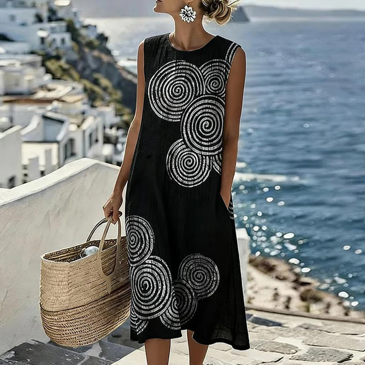 Schwarz-weißes Spiralprint ärmelloses Pocket-Midikleid