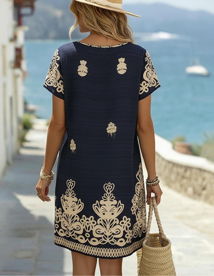 Boho-Print marineblaues V-Ausschnitt-Shiftkleid
