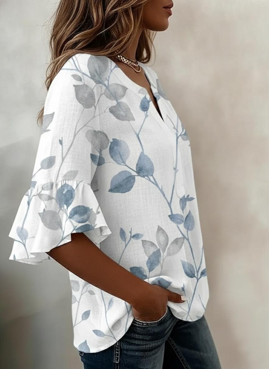 Blaue Aquarell-Blatt-Rüschen-3/4-Arm-V-Ausschnitt-Bluse