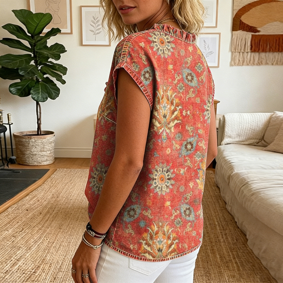 Rotes Boho-Print Rüschenoberteil