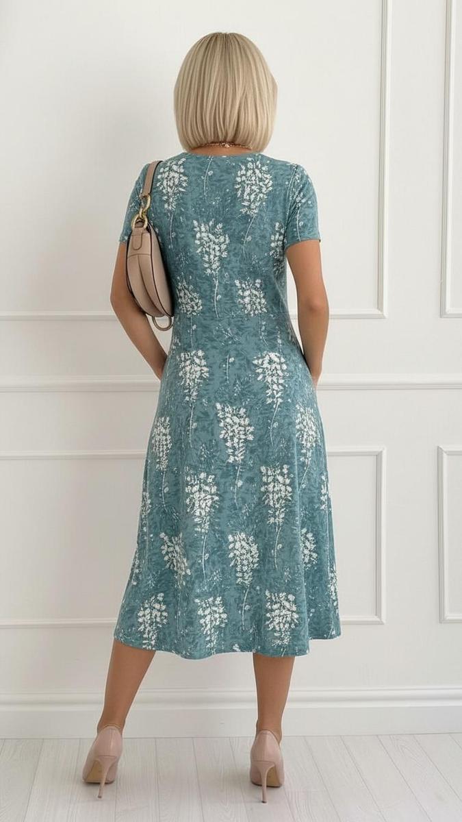 Türkis-weiß geblümtes V-Ausschnitt-Midikleid