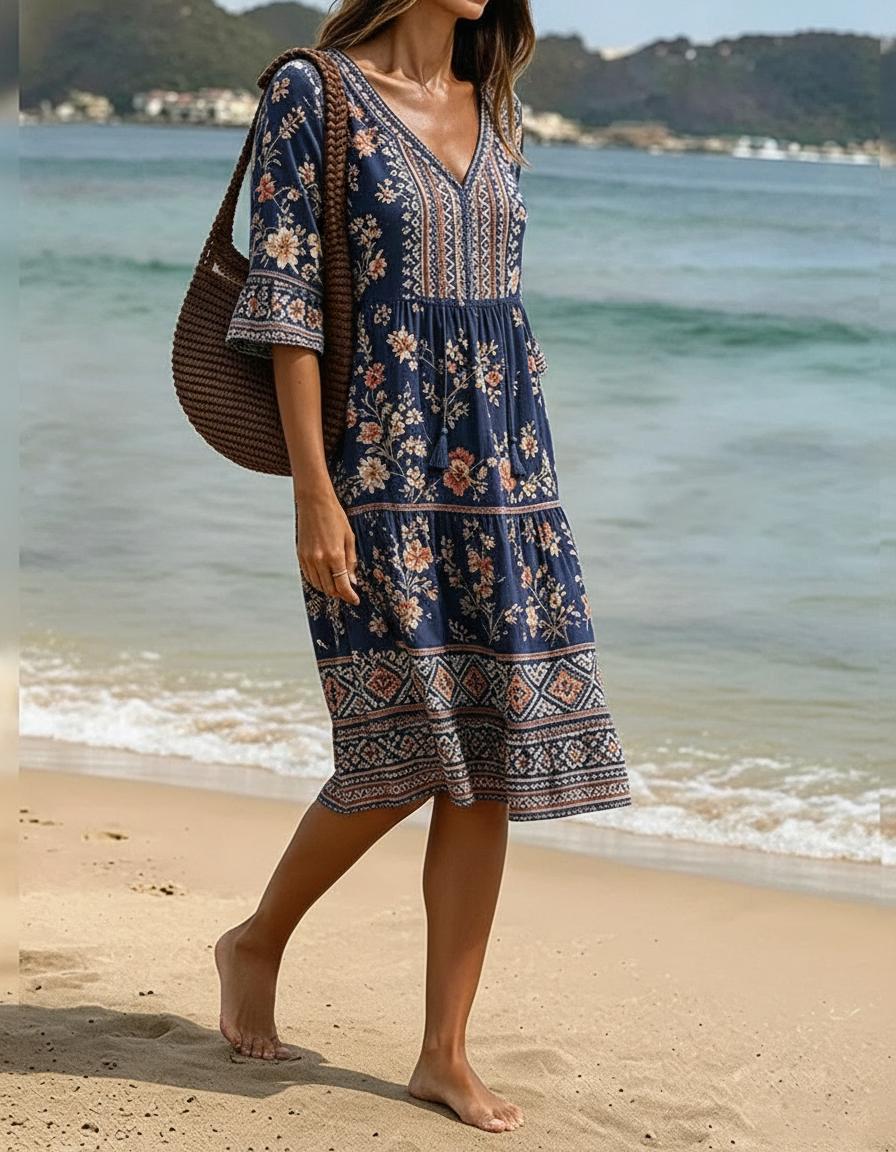 Navy Boho Blumen Tassel V-Ausschnitt Rüschenmanschette Midikleid