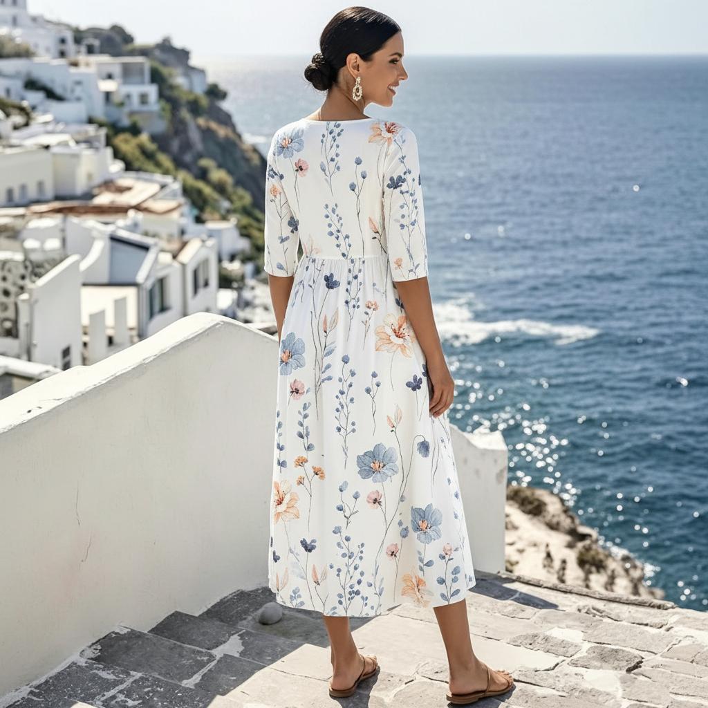 Weißes, florales Aquarell-Midi-Kleid