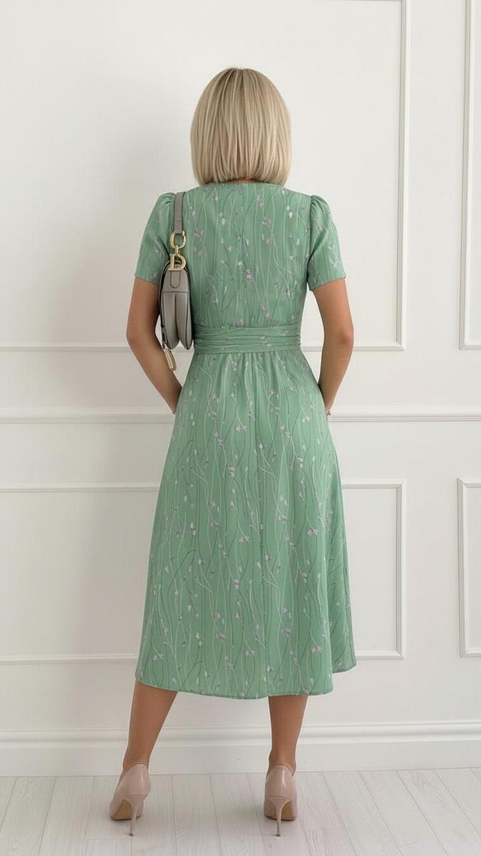 Grünes Blumendruck-V-Ausschnitt-Midikleid