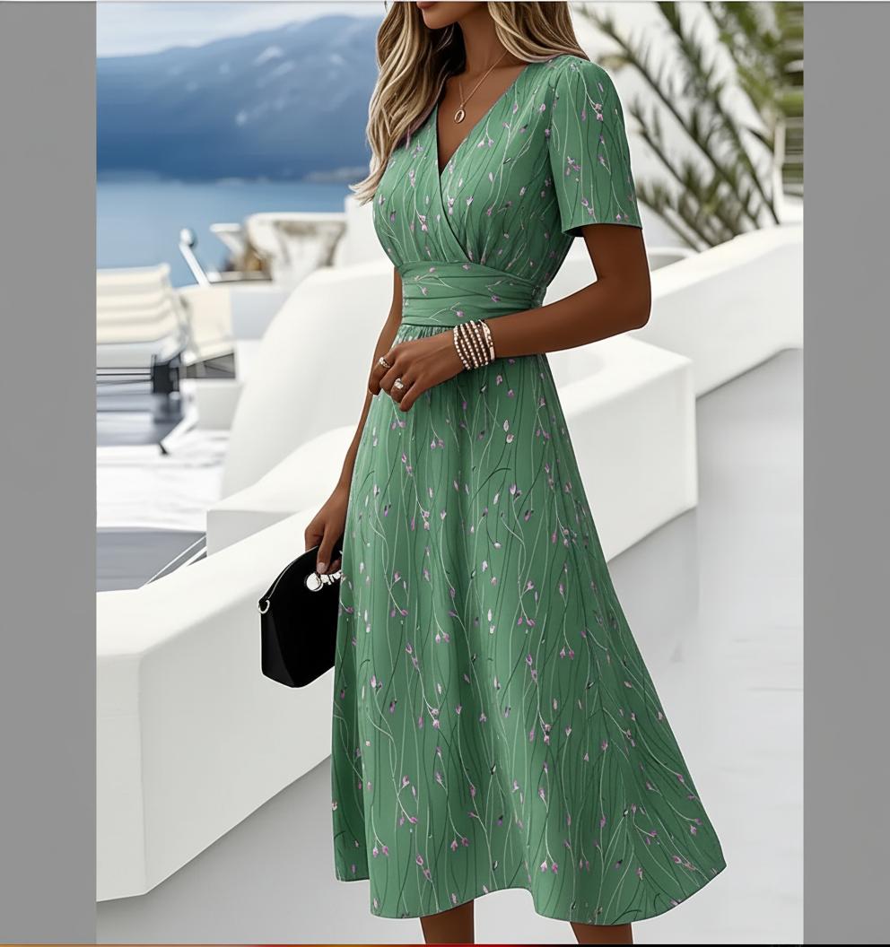 Grünes Blumendruck-V-Ausschnitt-Midikleid