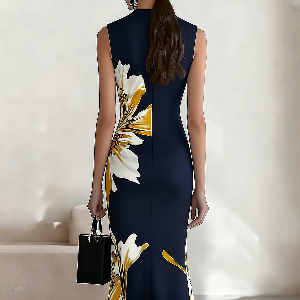 Eleganter Blumenprint-ärmelloses Maxikleid