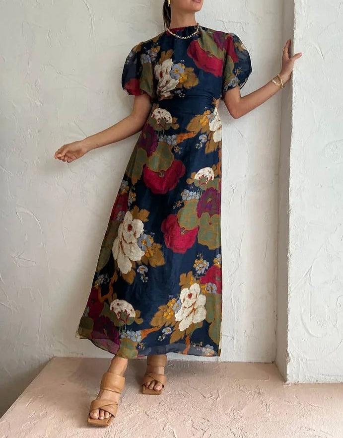 Marineblau Rundhals Kurzarm Maxikleid