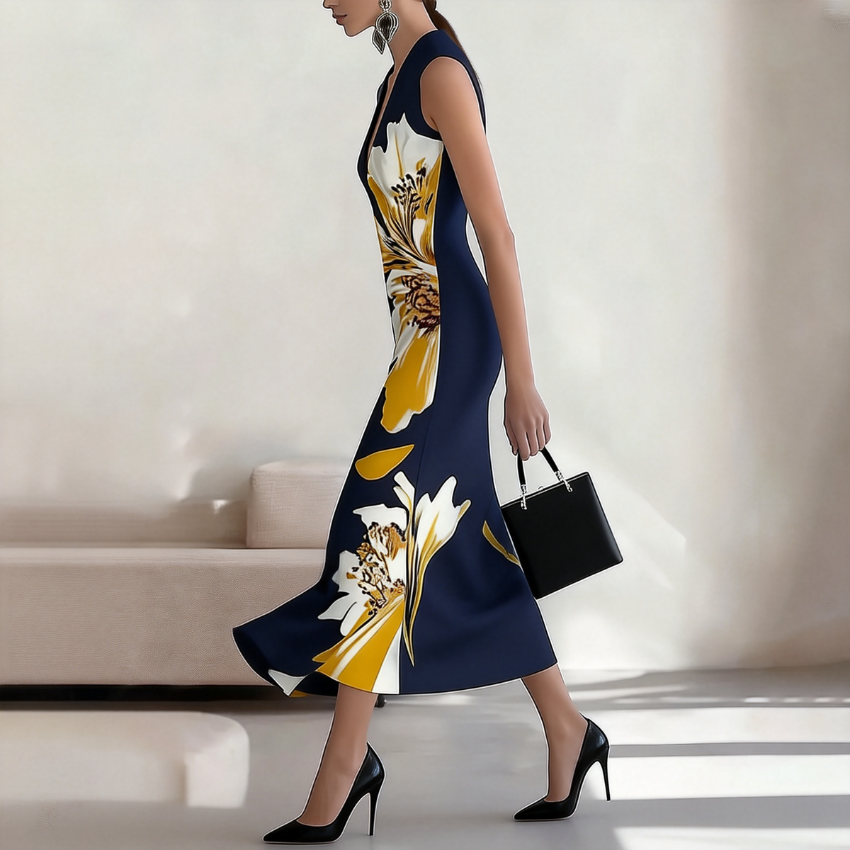 Eleganter Blumenprint-ärmelloses Maxikleid