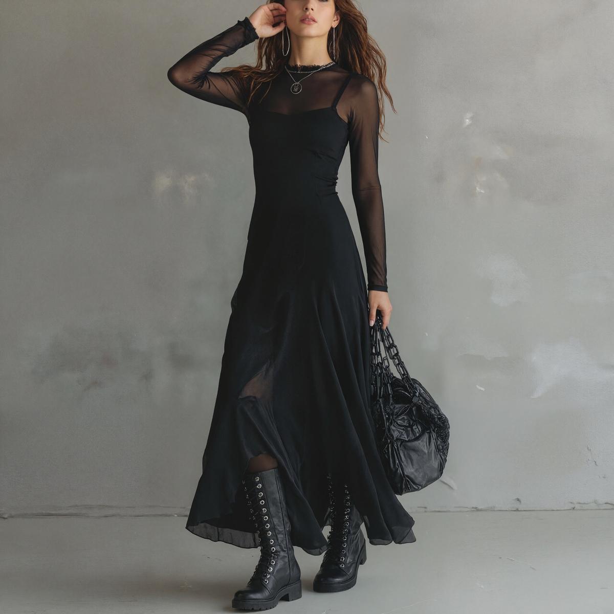 Vintage schwarzes einfaches Rundhals-Maxikleid