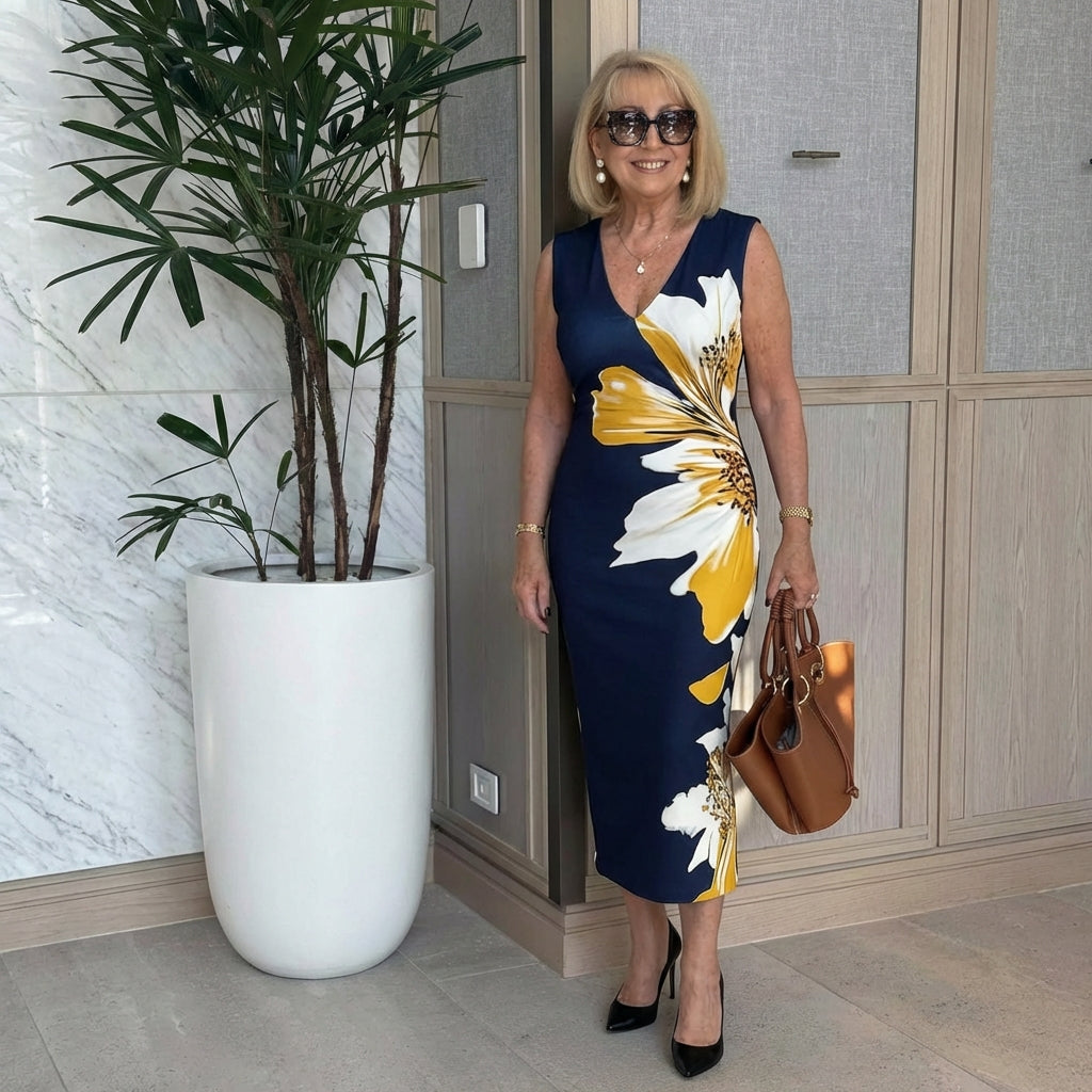 Eleganter Blumenprint-ärmelloses Maxikleid